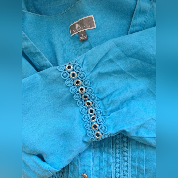 JM COLLECTION Blue 100% Linen Blouse Shirt Top Women's Size 8 - Picture 10 of 11